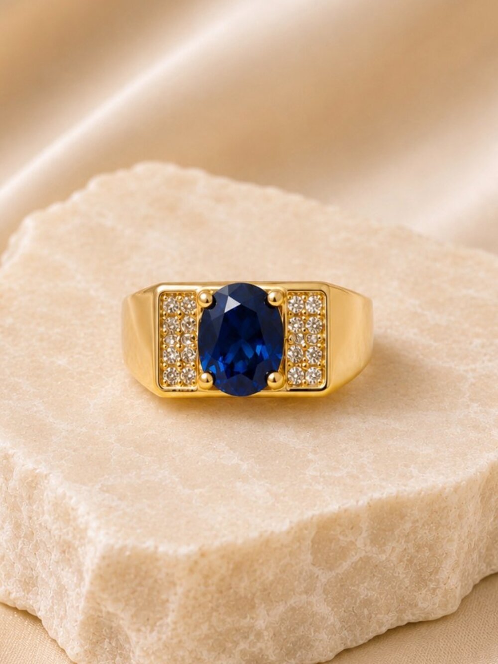Deep Blue Saphire Statement Ring-14K Gold Plated-Unisex-Brand New